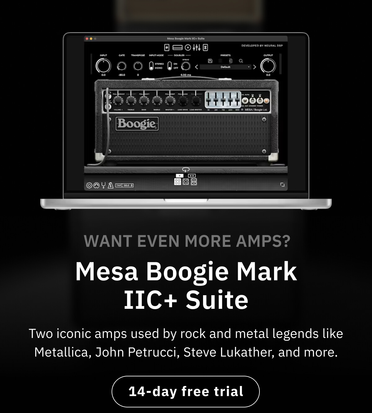 Want even more amps? Mesa Boogie Mark IIC+ Suite Two iconic amps used by rock and metal legends like Metallica, John Petrucci, Steve Lukather, and more.