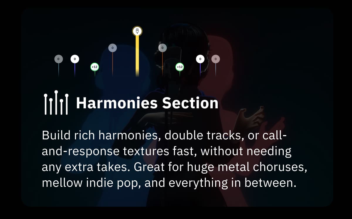 Harmonies Section Build rich harmonies, double tracks, or call-and-response textures fast, without needing any extra takes. Great for huge metal choruses, mellow indie pop, and everything in between.