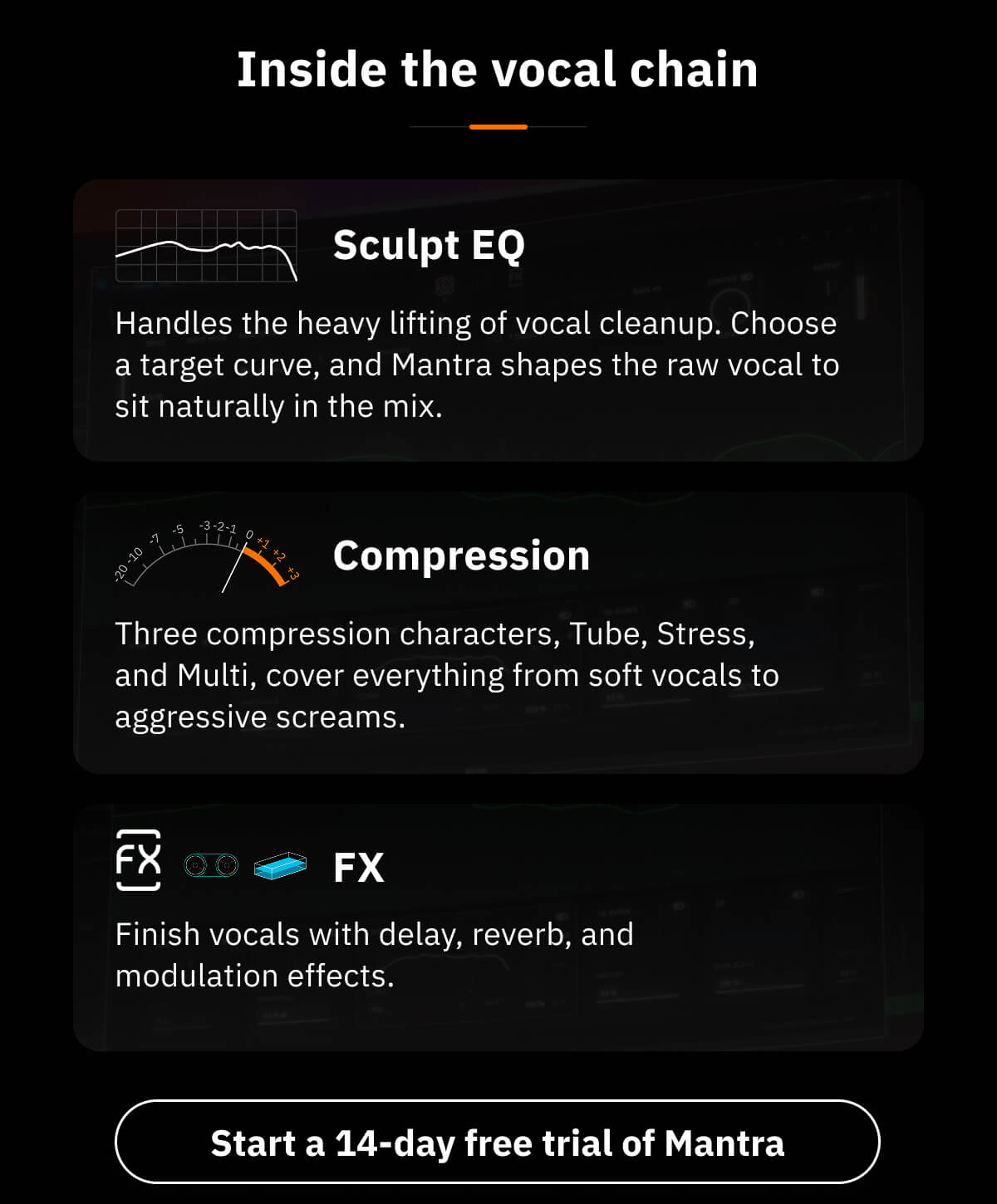 Inside the vocal chain Sculpt EQ Handles the heavy lifting of vocal cleanup. Choose a target curve, and Mantra shapes the raw vocal to sit naturally in the mix.  Compression Three compression characters, Tube, Stress, and Multi, cover everything from soft vocals to aggressive screams.  FX Finish vocals with delay, reverb, and modulation effects.