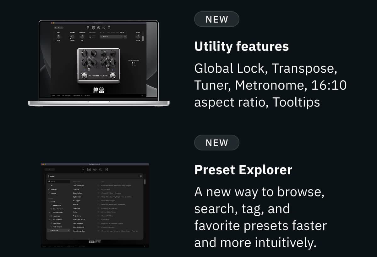 NEW Utility features Global Lock, Transpose, Tuner, Metronome, 16:10 aspect ratio, Tooltips