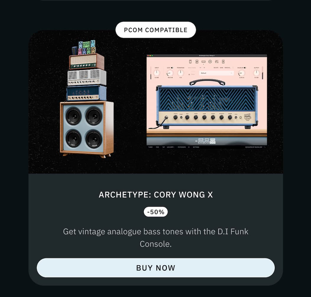 Archetype: Cory Wong X -50% —&nbsp;Get vintage analogue bass tones with the D.I. Funk Console. Buy now >