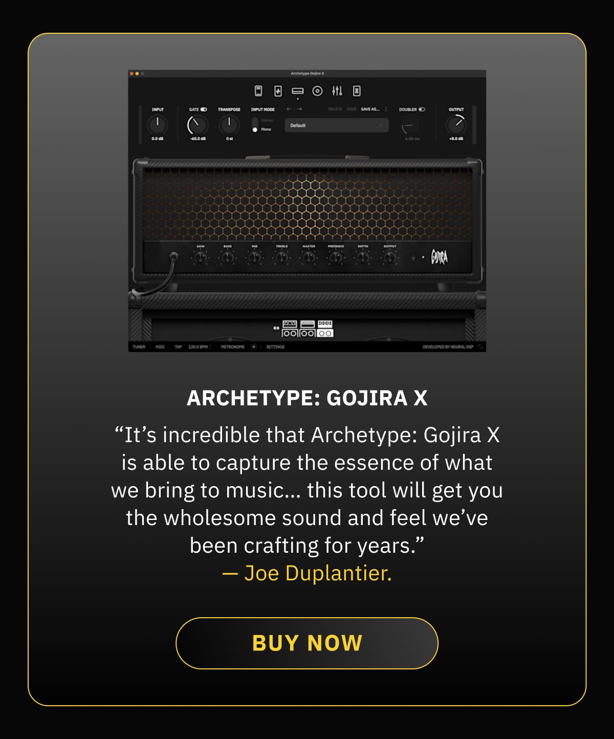 Archetype: Gojira X — “It’s incredible that Archetype: Gojira X is able to capture the essence of what we bring to music… this tool will get you the wholesome sound and feel we’ve been crafting for years.”— Joe Duplantier.