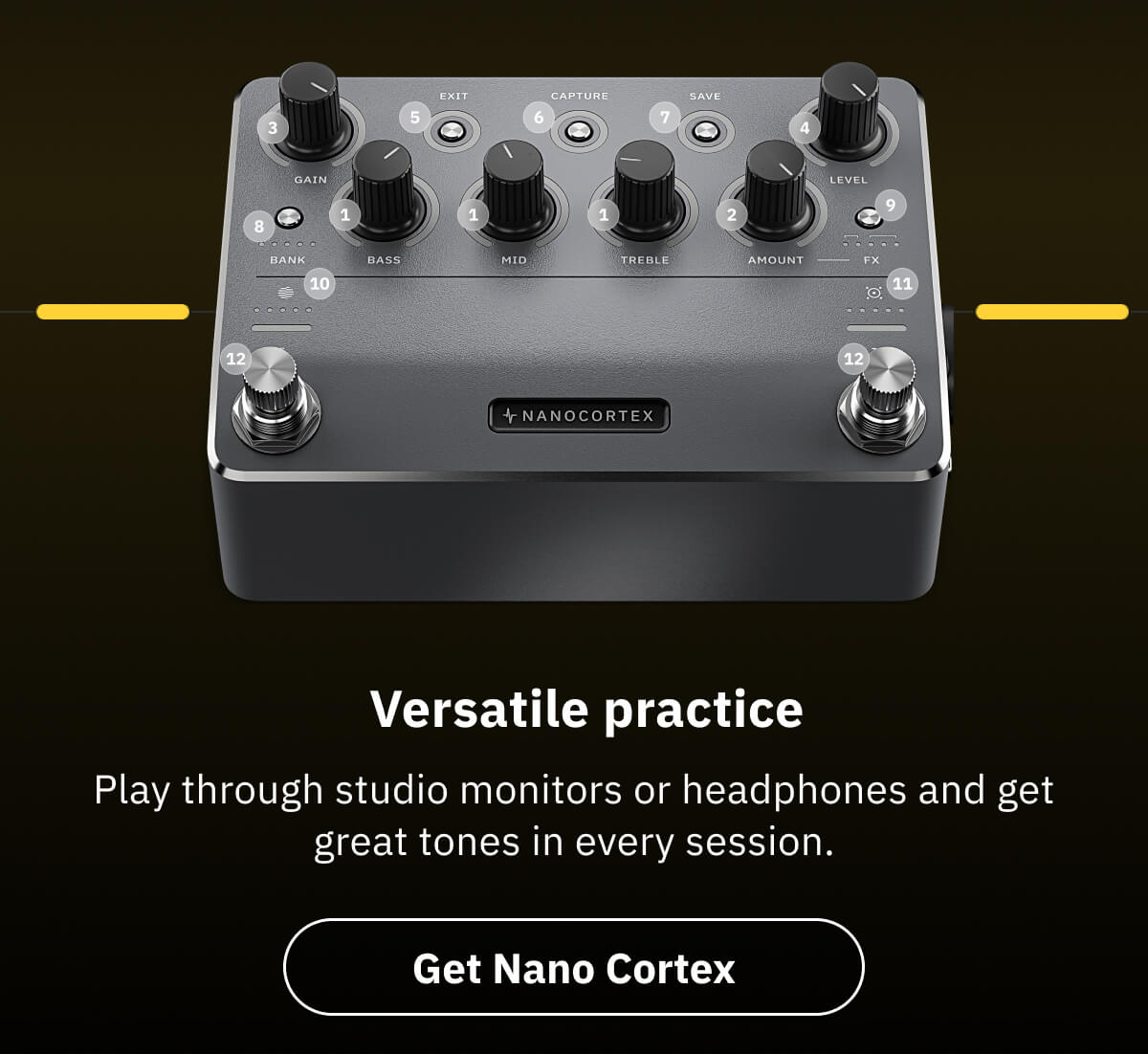 Versatile practice Play through studio monitors or headphones and get great tones in every session.