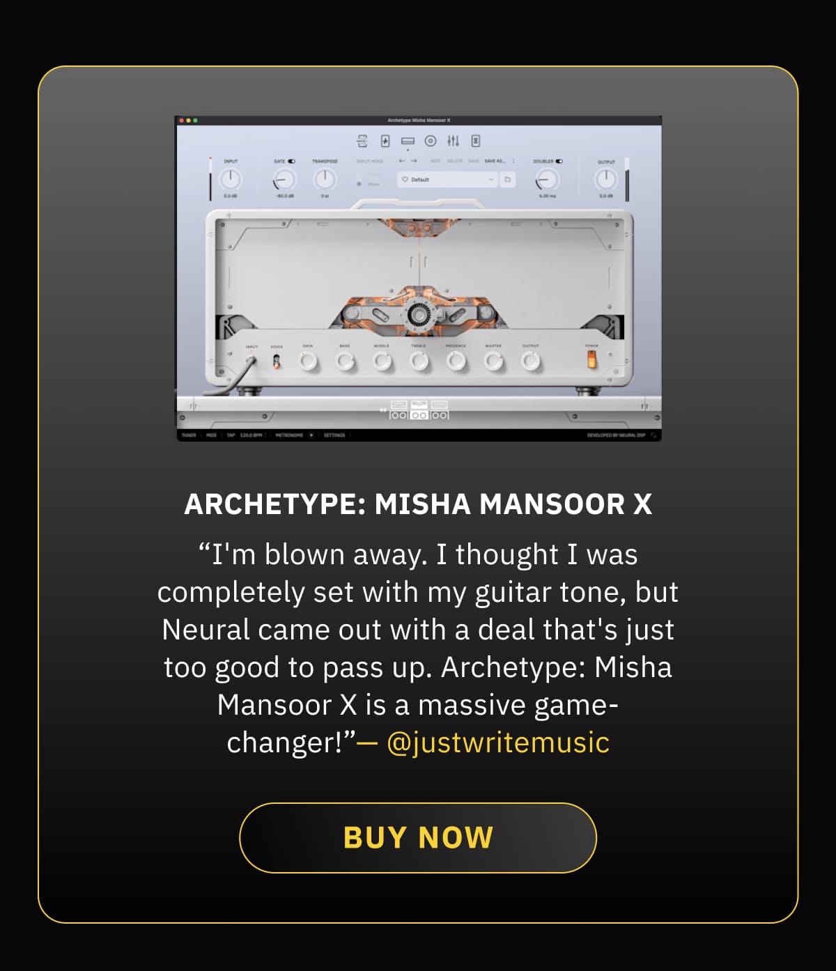 Archetype: Misha Mansoor X — “I'm blown away. I thought I was completely set with my guitar tone, but Neural came out with a deal that's just too good to pass up. Archetype: Misha Mansoor X is a massive game-changer!”— @justwritemusic