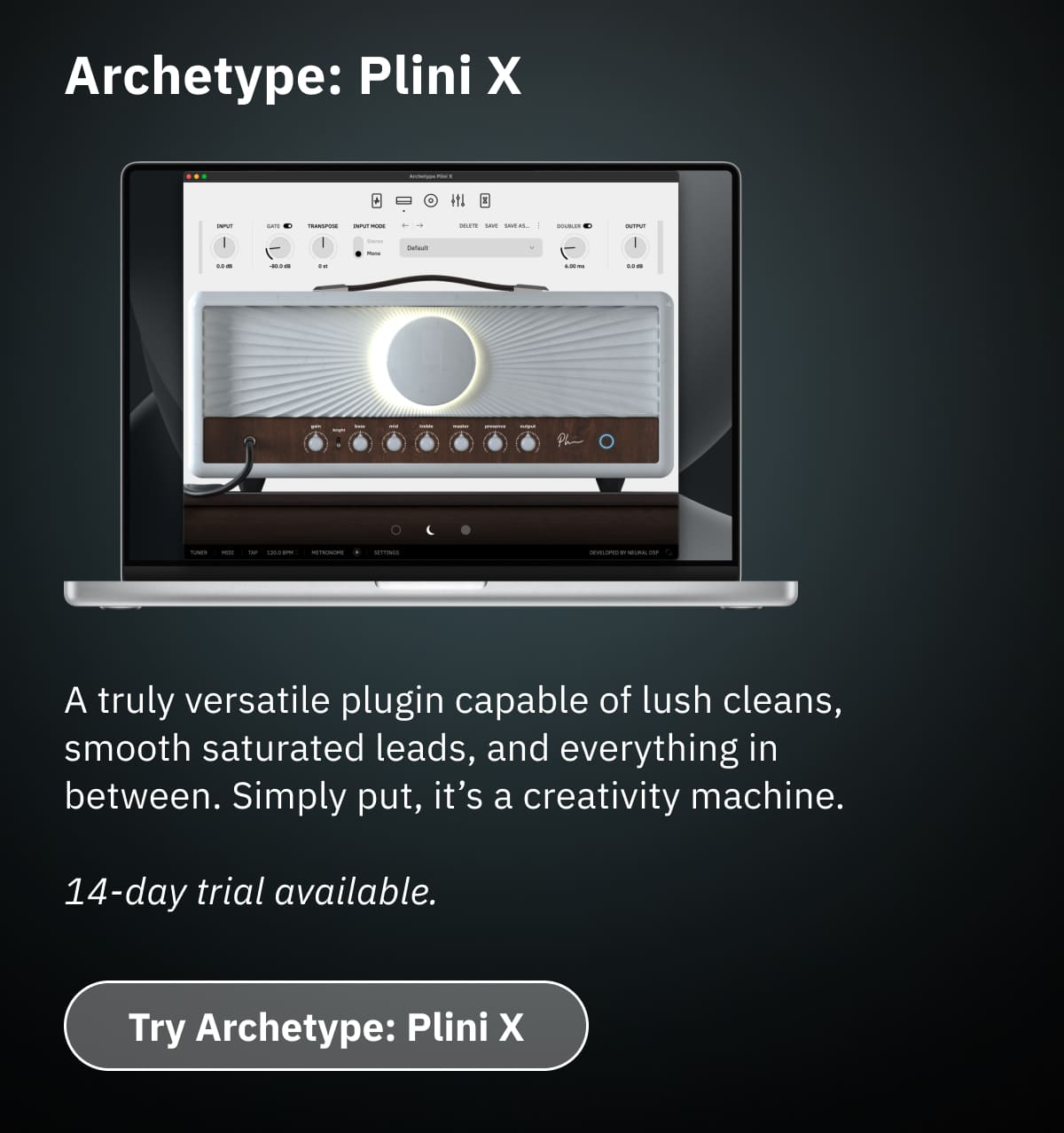 Archetype: Plini X A truly versatile plugin capable of lush cleans, smooth saturated leads, and everything in between. Simply put, it’s a creativity machine.