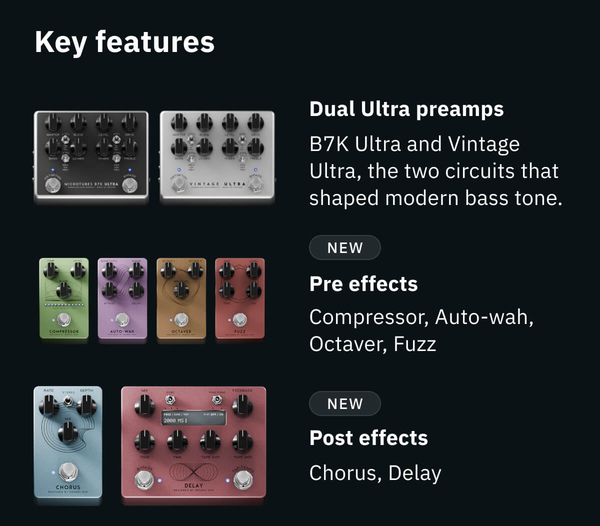 Dual Ultra preamps B7K Ultra and Vintage Ultra, the two circuits that shaped modern bass tone. NEW Pre effects Compressor, Auto-wah, Octaver, Fuzz NEW Post effects Chorus, Delay
