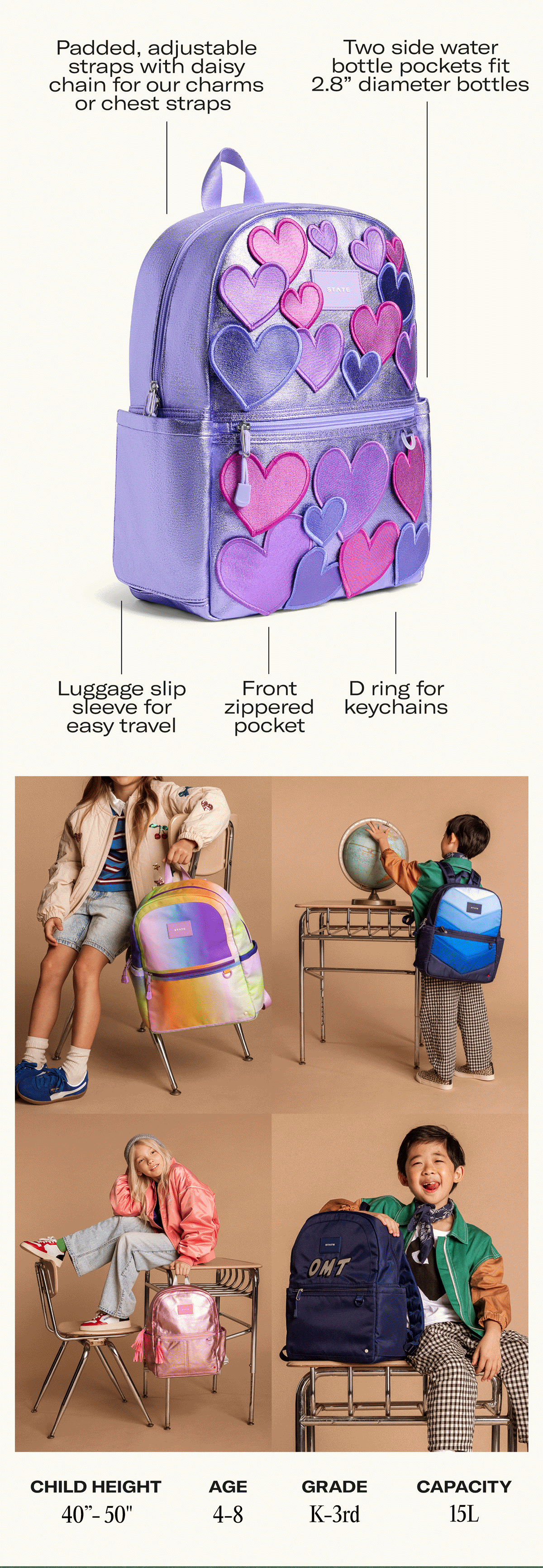 Kane backpack features, ages 4-8