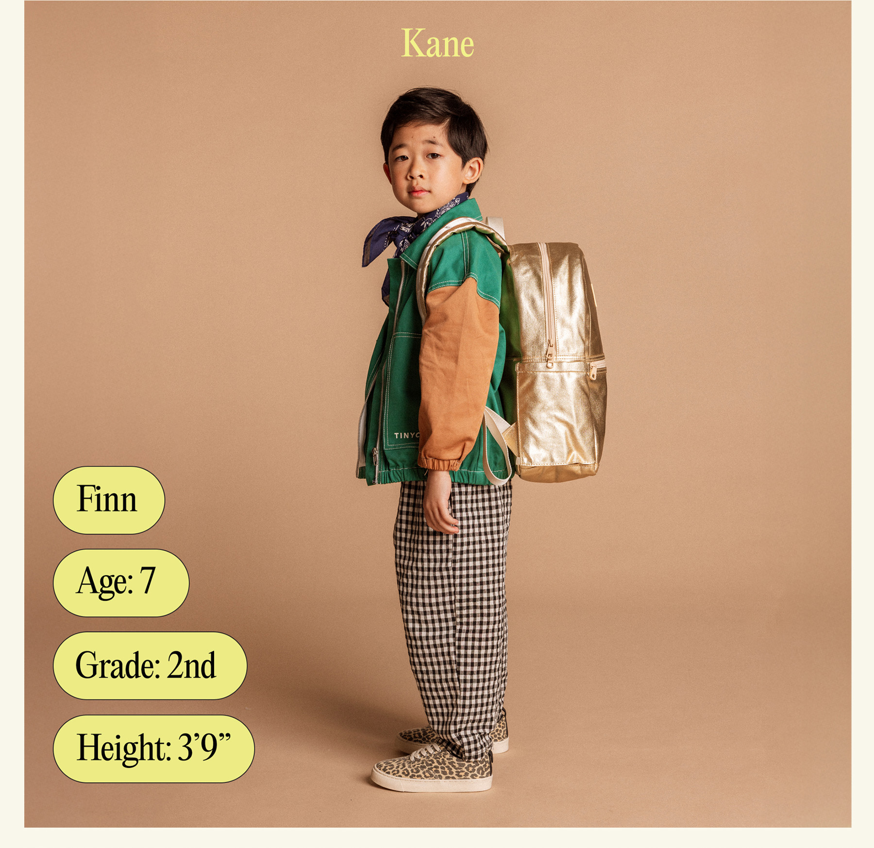 Kane backpack with child's name, age, grade, and height