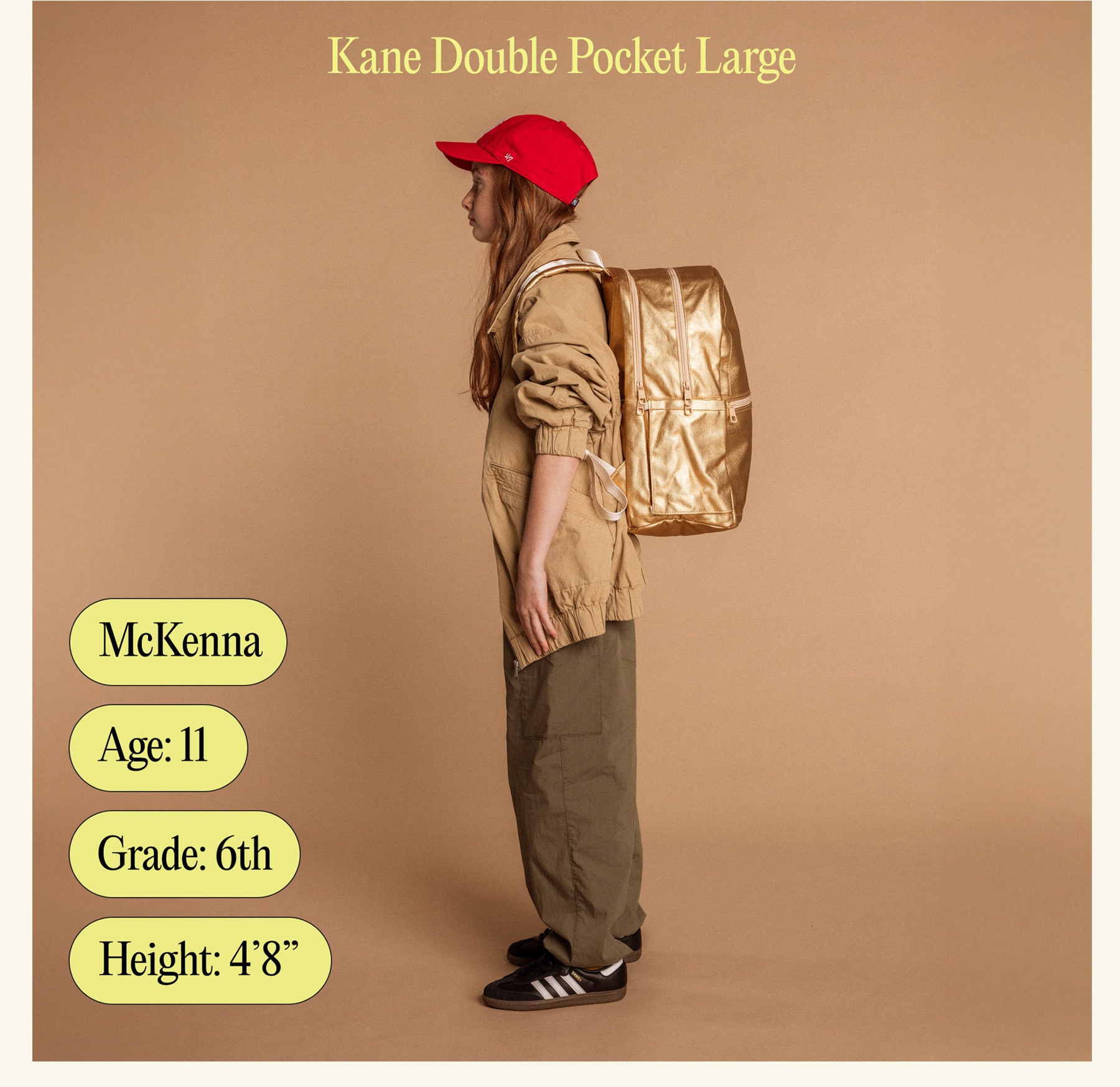 Kane double pocket large backpack with child's name, age, grade, and height