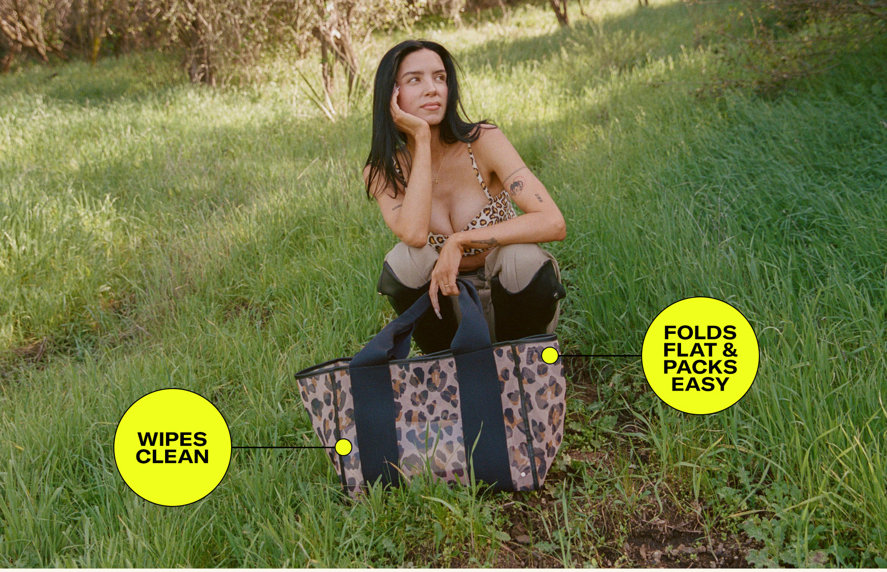 Woman sitting with Wellington cabana tote leopard