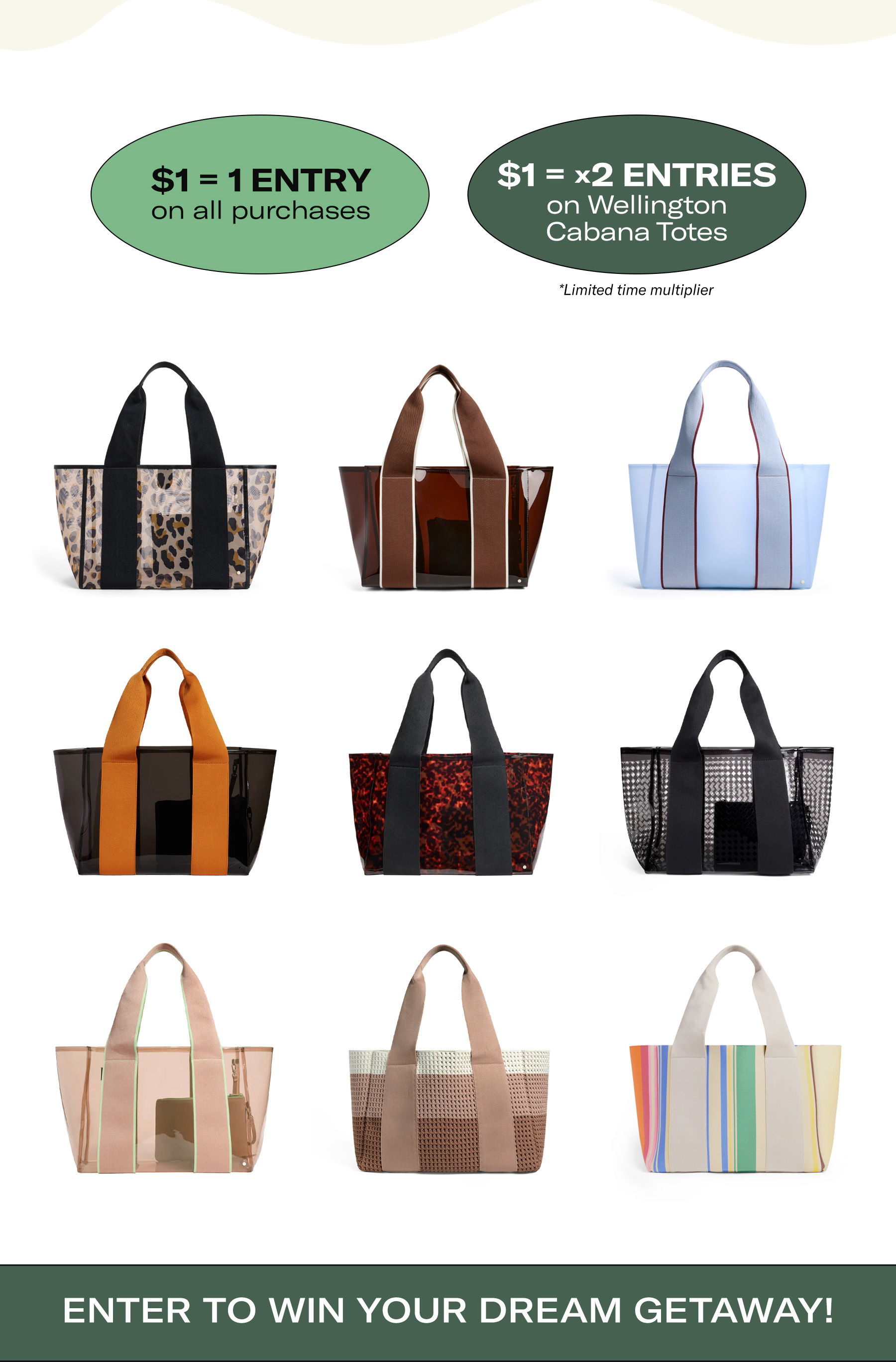 $1 = 2x entries on wellington cabana totes