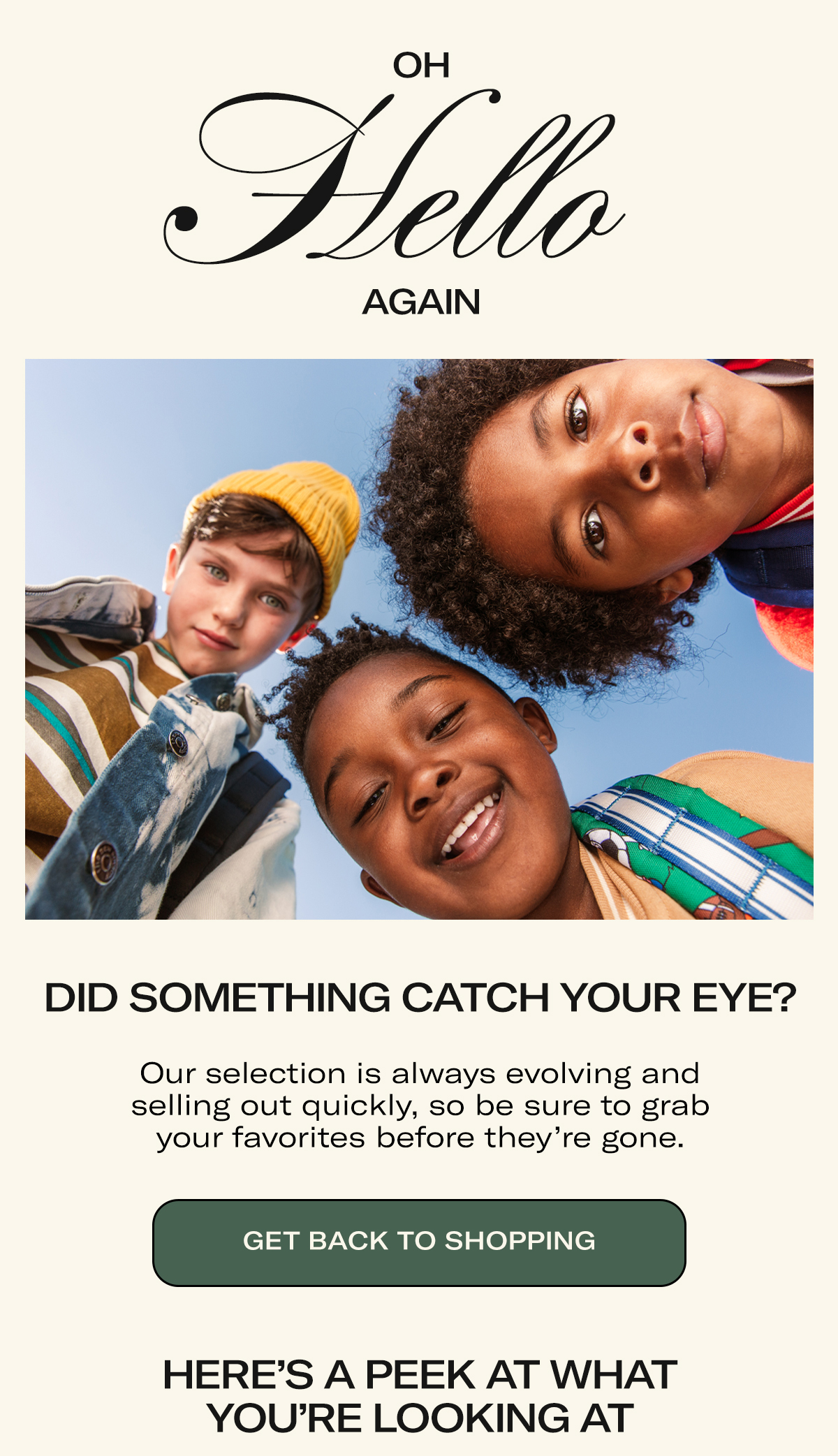 OH HELLO AGAIN | Did something catch your eye? | CONTINUE SHOPPING