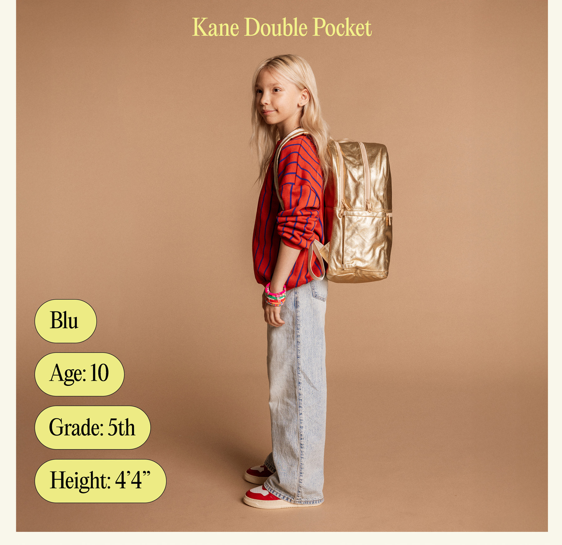 Kane double pocket backpack with child's name, age, grade, and height
