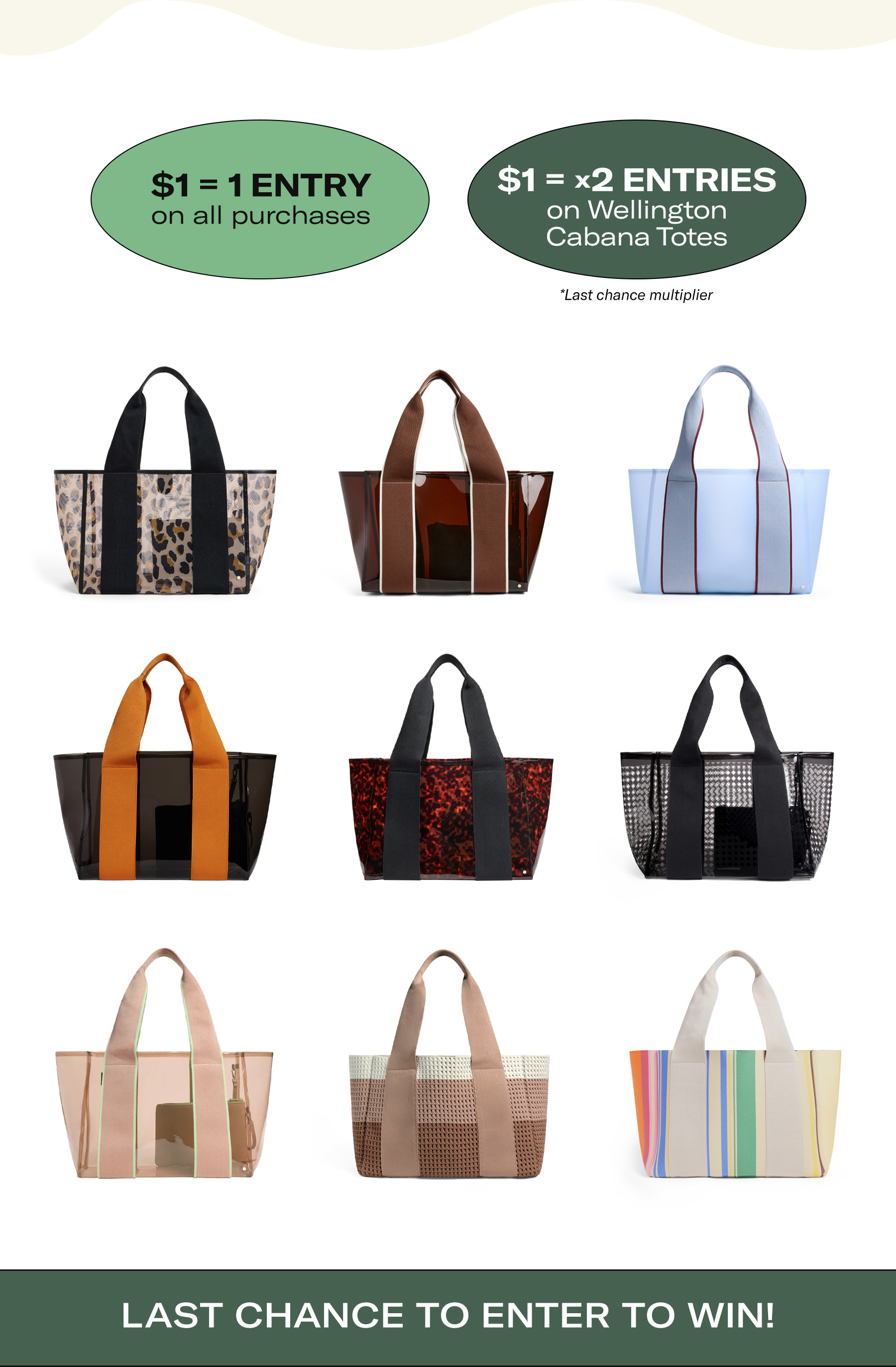 $1 = 1 Entry, $1 = x2 entries on wellington cabana totes