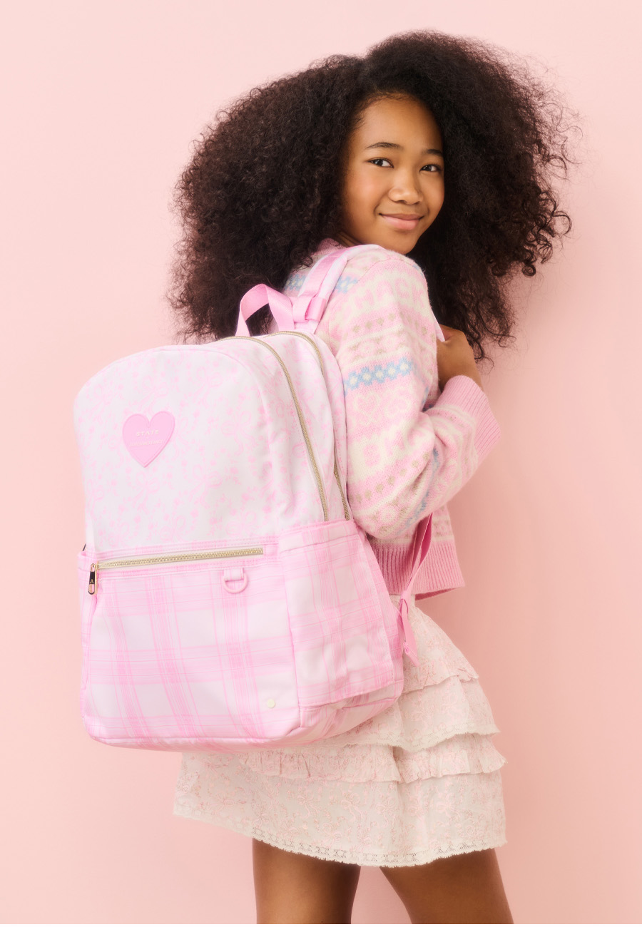 Girl wearing STATE x LoveShack Fancy Kane Double Pocket Backpack Pink Vanilla