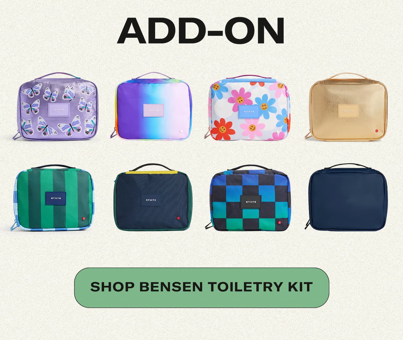 FOR THE KIDS Rockaway Duffle Spacious main compartment Luggage slip sleeve Multiple organizational pockets Padded, adjustable, removable crossbody strap Two detachable organizational pouches Available in 13 colors + patterns SHOP ROCKAWAY DUFFLE