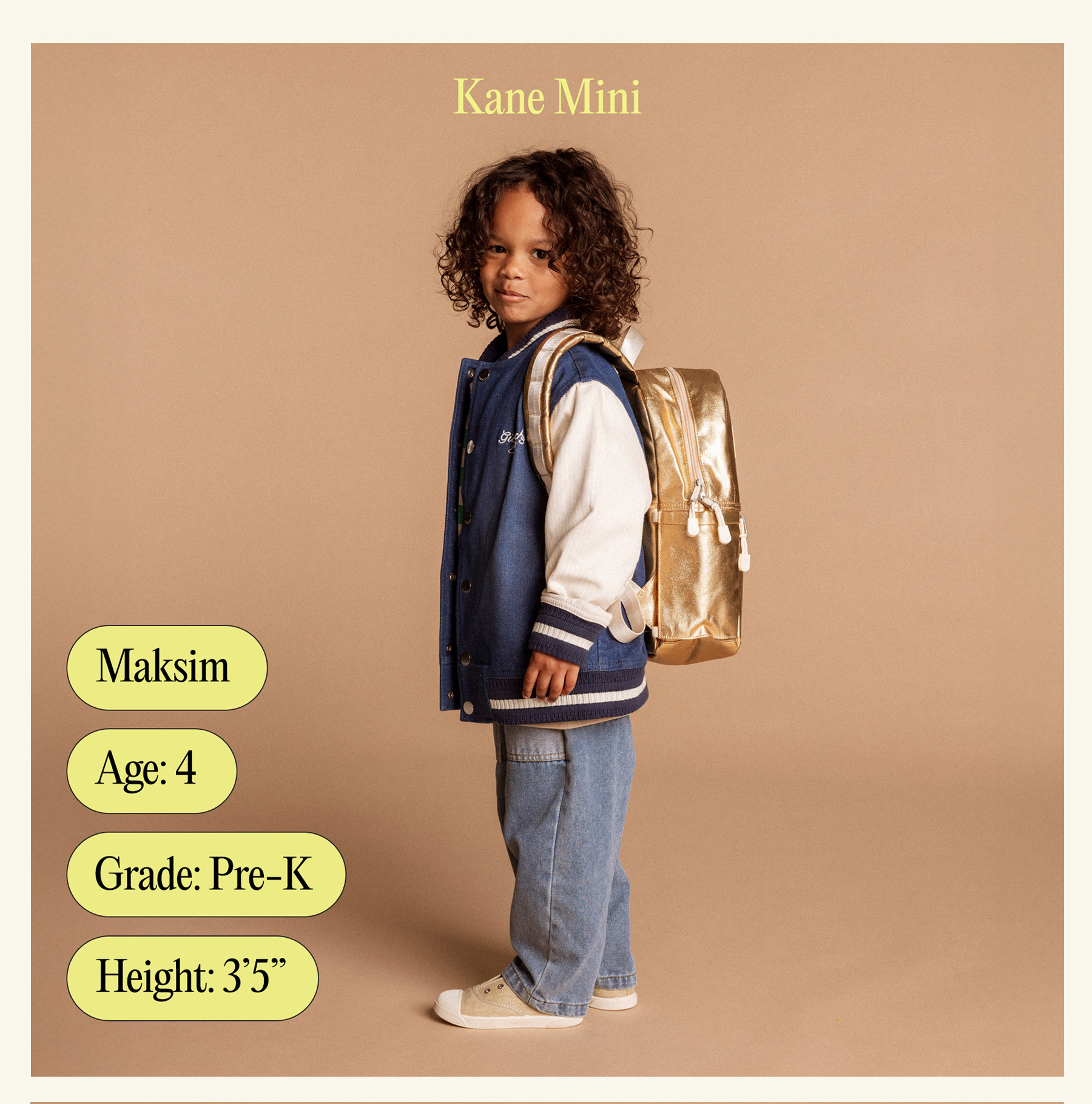 Kane Mini backpack with child's name, age, grade, and height