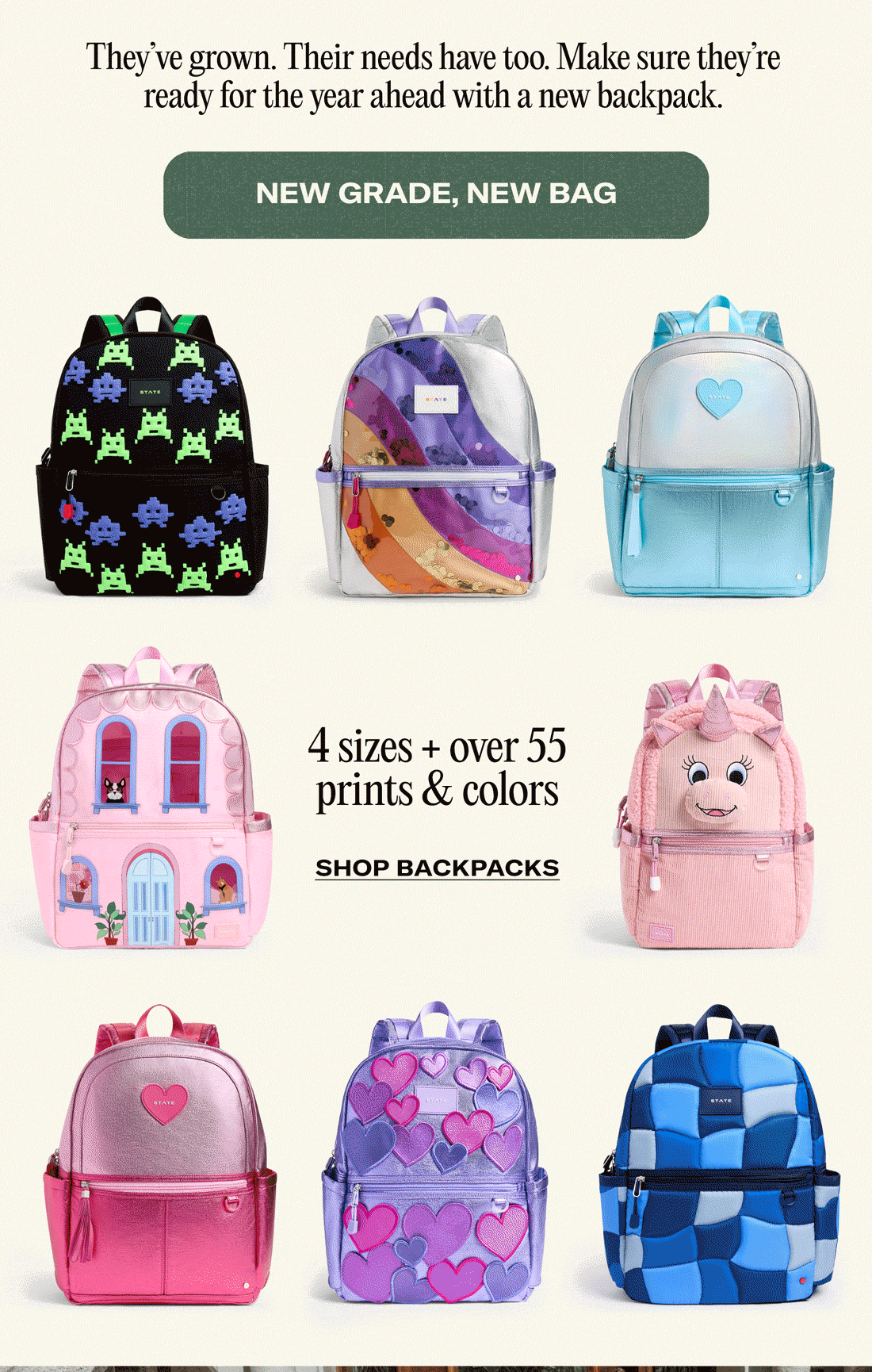 New Grade, New Bag, 4 sizes + over 55 prints & colors. SHOP BACKPACKS