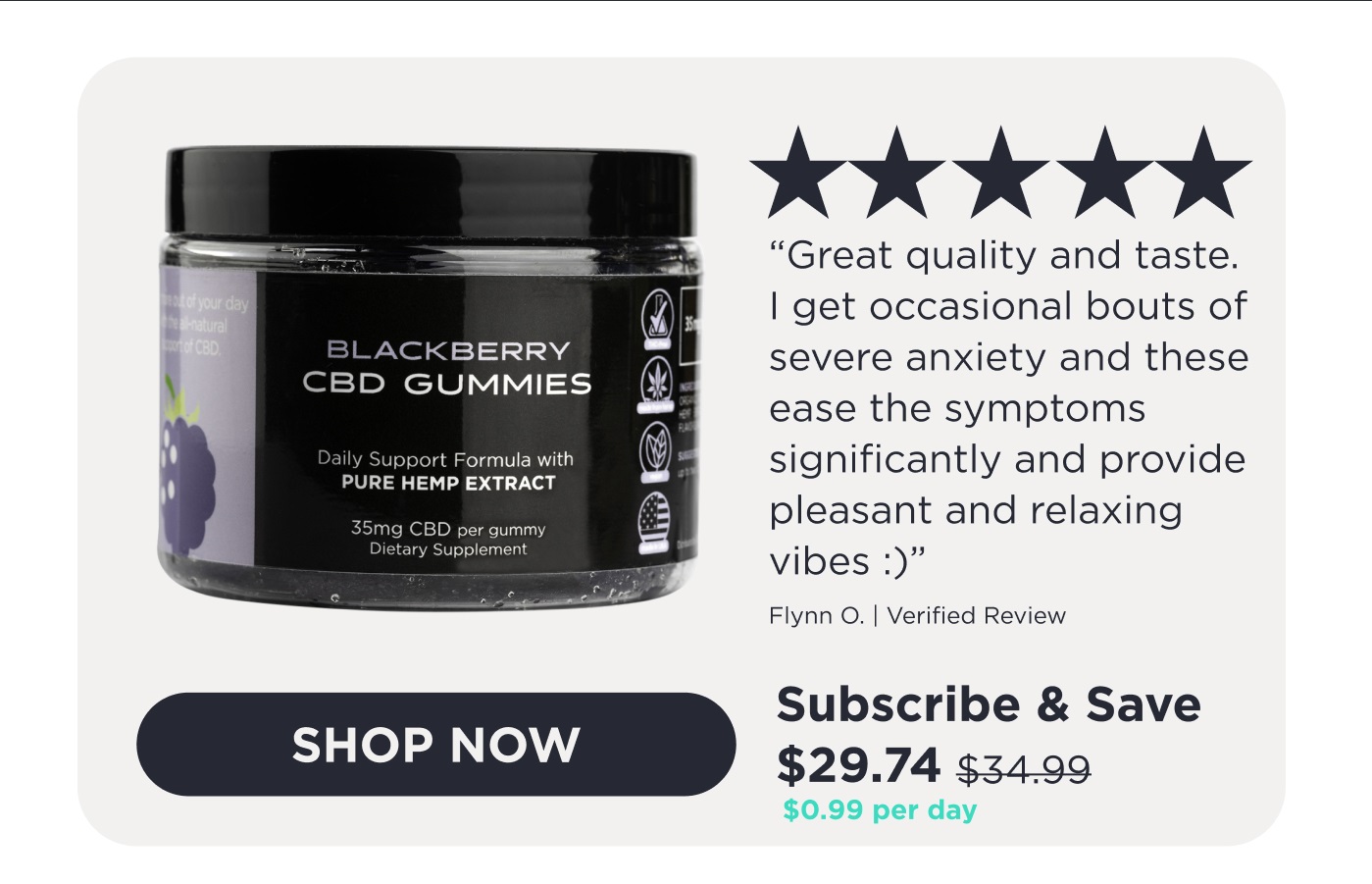 CBD For Life Pure Gummies. 5-star review "Great quality and taste. I get occasional bouts of severe anxiety and these ease the symptoms significantly and provide pleasant and relaxing vibes." - Flynn O. Verified Review. Click here to Shop Now.