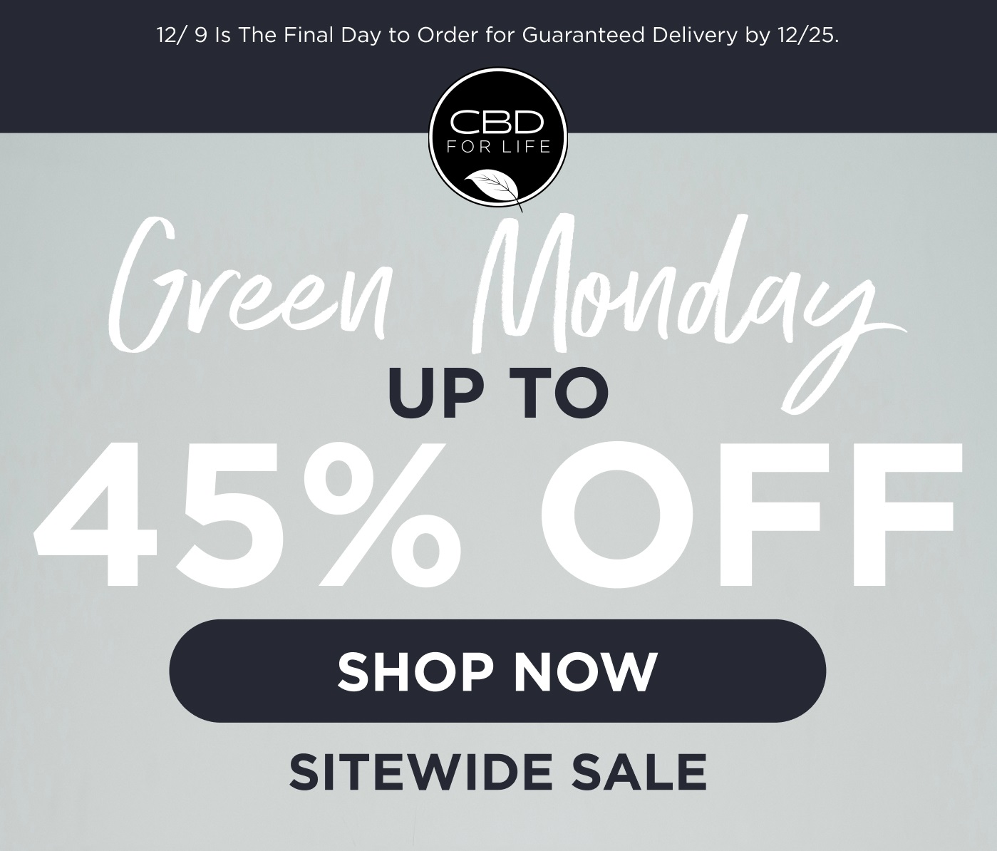 12/9 is the Final Day to order for guaranteed delivery by 12/25. Green Monday up to 45% off. Click here to Shop Now. Sitewide sale.