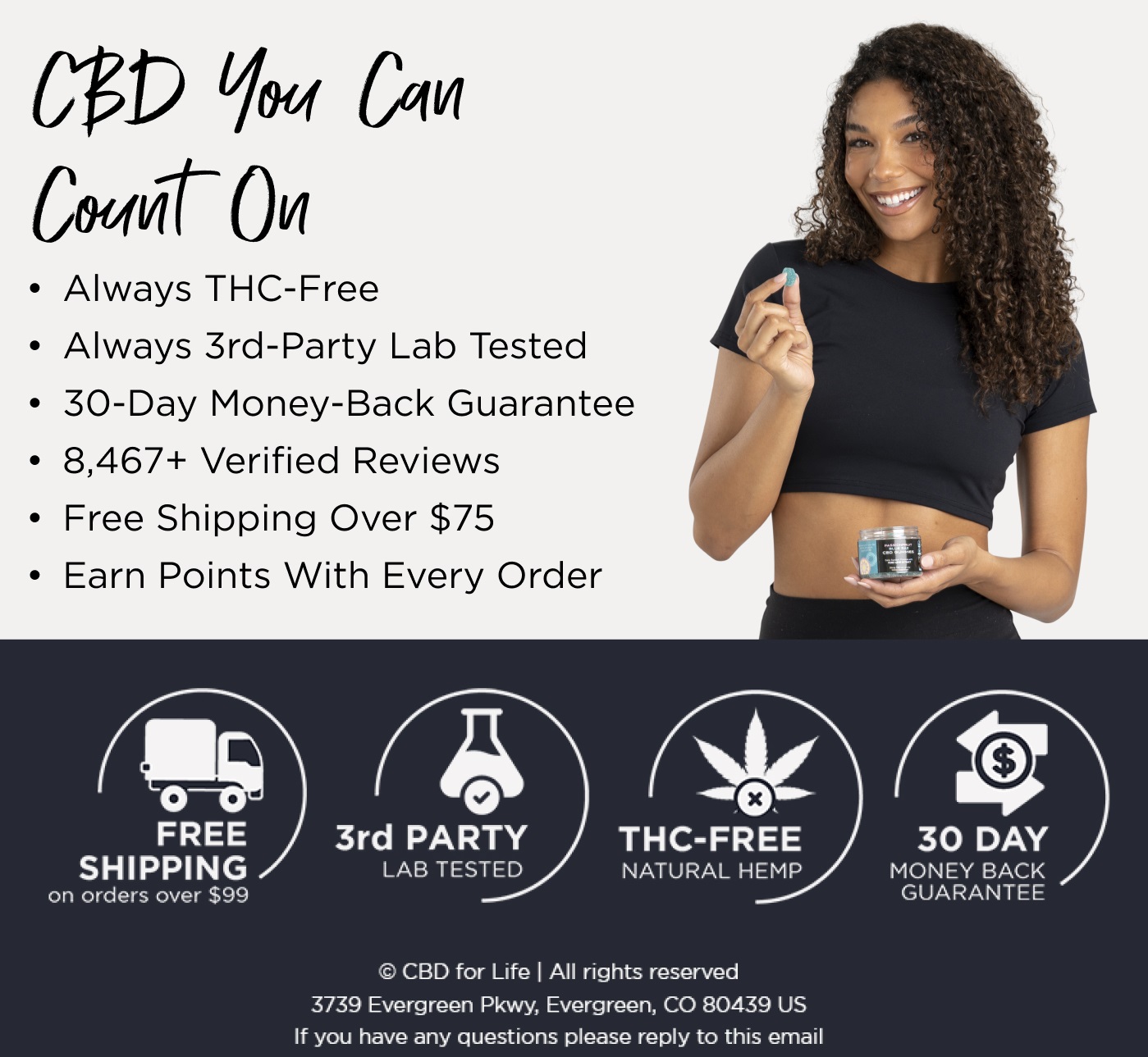 CBD You Can Count On. Always THC-Free. Always 3rd-Party Lab Tested. 30-Day Money-Back Guarantee. 8,467+ Verified Reviews. Free shipping over $75. Earn Points with Every Order.