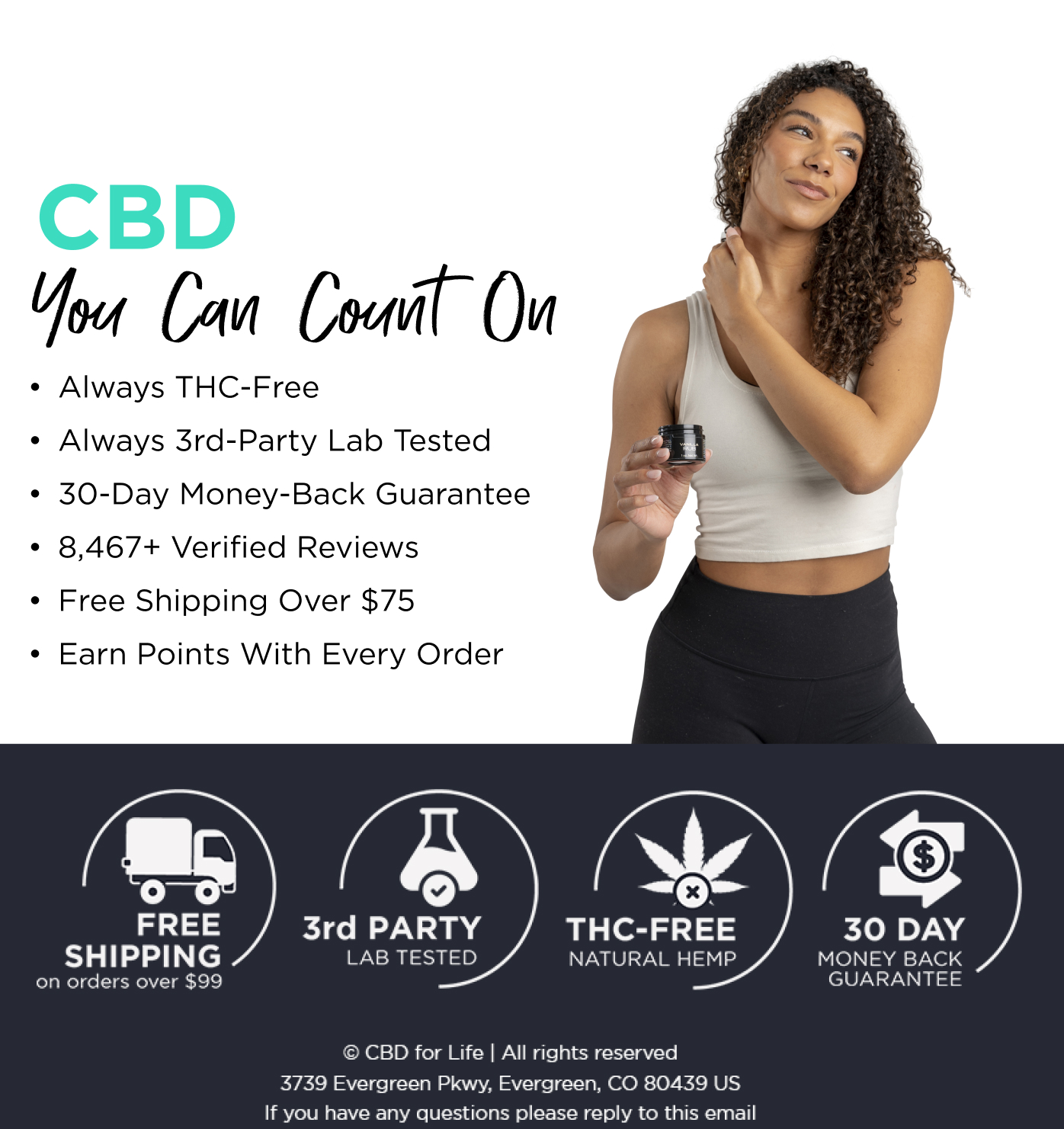 CBD you can count on. Always THC-Free. Always 3rd-party lab tested. 30-day money-back guarantee. 8,467+ verified reviews. Free shipping over $75. Earn points with every order.