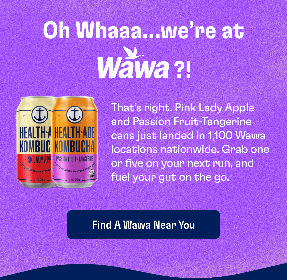 Oh Whaaa…we’re at Wawa?! | That’s right. Pink Lady Apple and Passion Fruit-Tangerine cans just landed in 1,100 Wawa locations nationwide. Grab one or five on your next run, and fuel your gut on the go. | Find a Wawa Near You