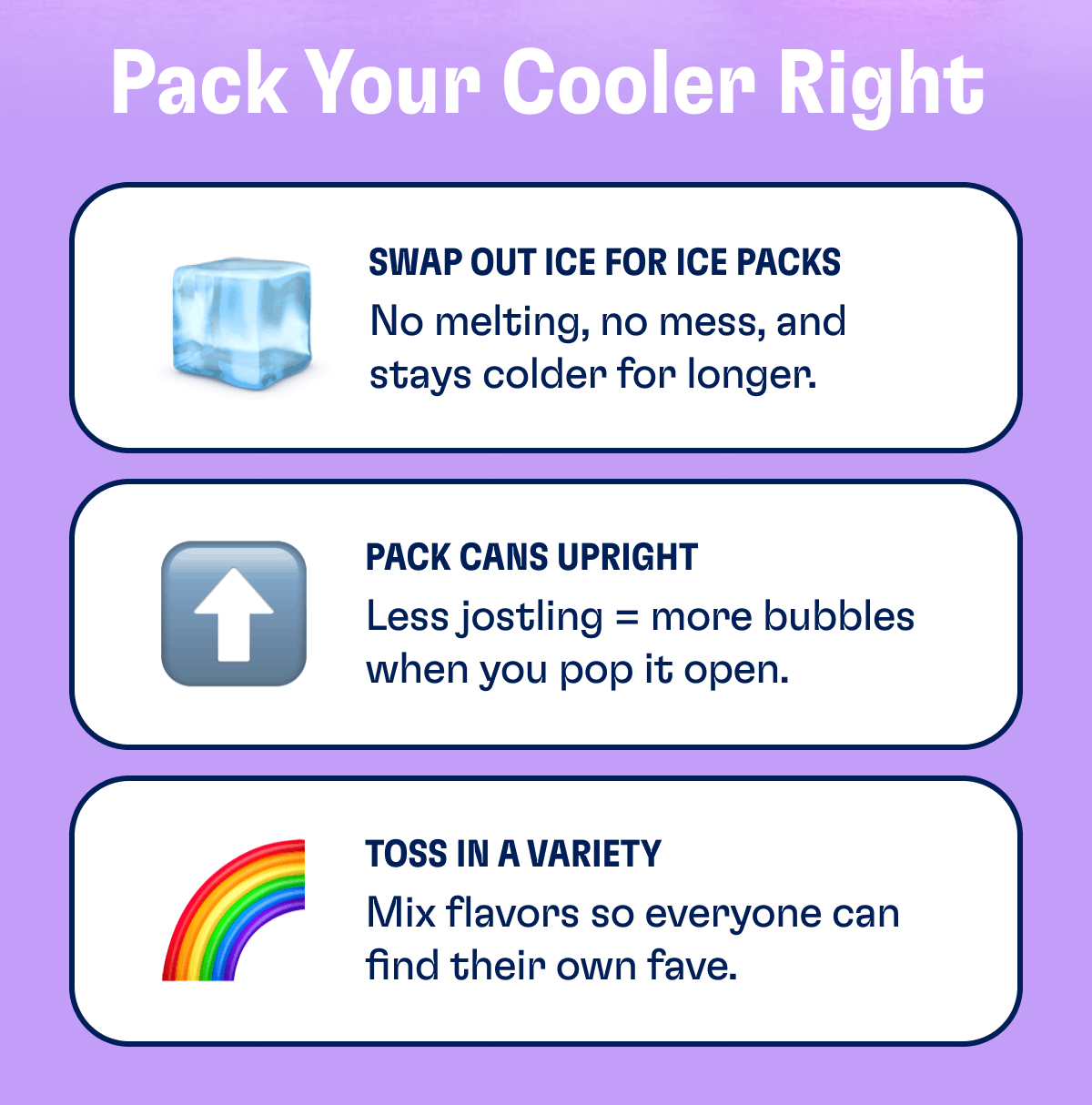Pack Your Cooler Right.  Swap out ice for ice packs. No melting, no mess, and stays colder for longer. Pack cans upright. Less jostling = more bubbles when you pop it open. Toss in a variety. Mix flavors so everyone can find their own fave.