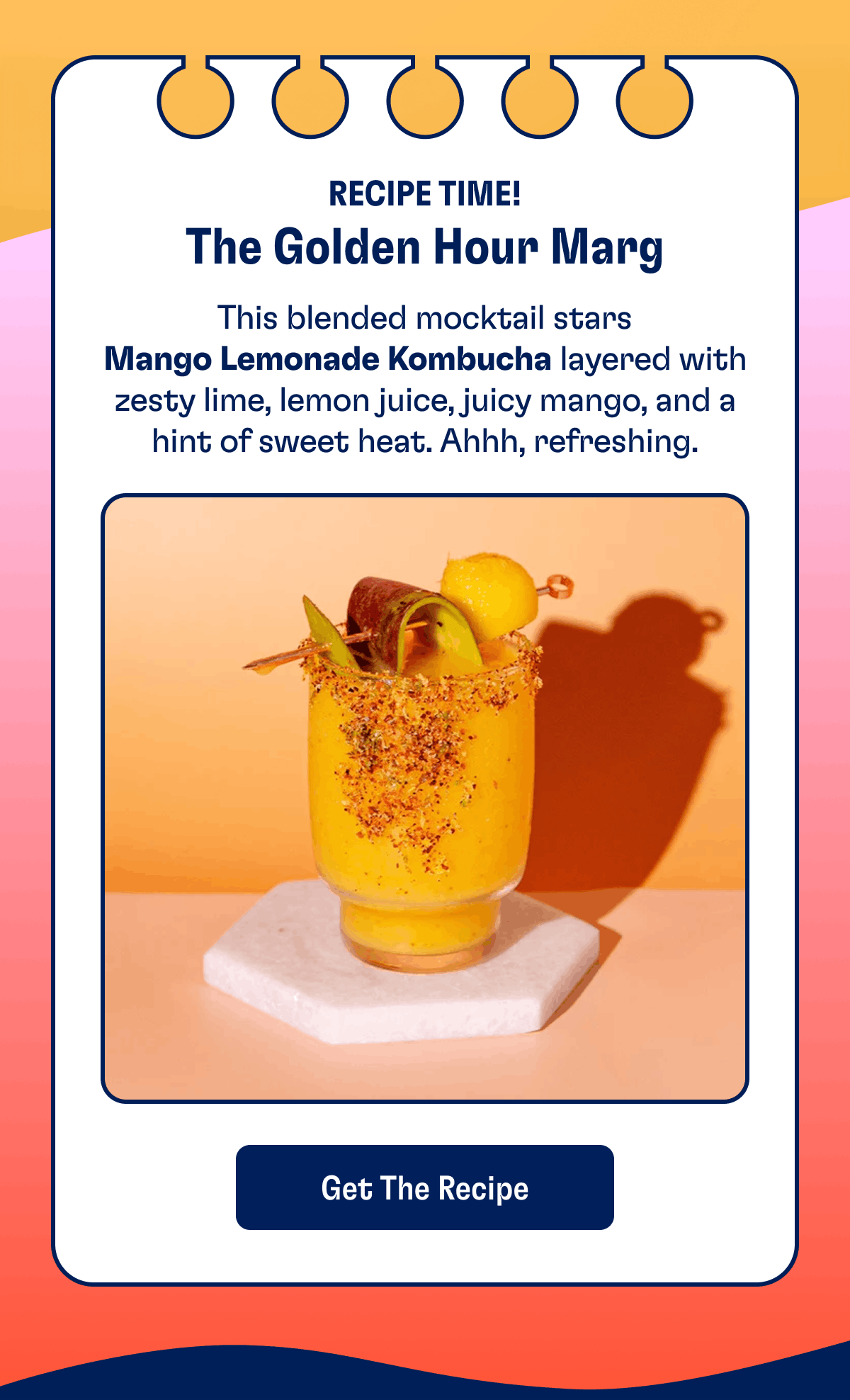 Recipe time! | The Golden Hour Marg | This blended mocktail stars Mango Lemonade Kombucha layered with zesty lime, lemon juice, juicy mango, and a hint of sweet heat. Ahhh, refreshing. | Get The Recipe