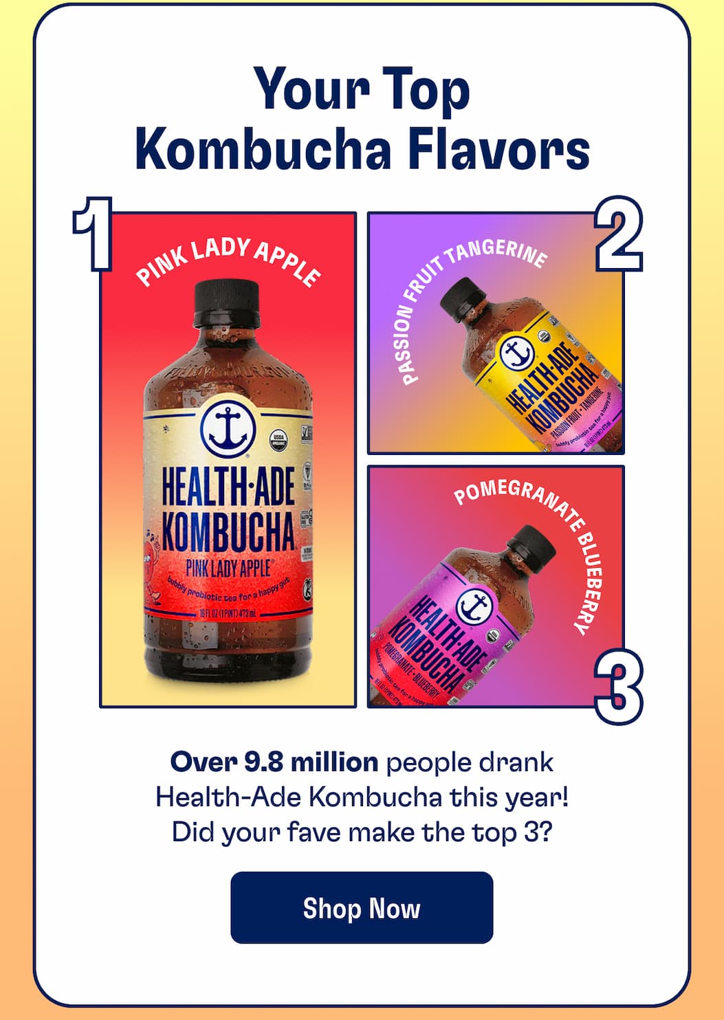 Your Top Kombucha Flavors Over 9.8 million people drank Health-Ade Kombucha this year! Did your fave make the top 3? Shop Now