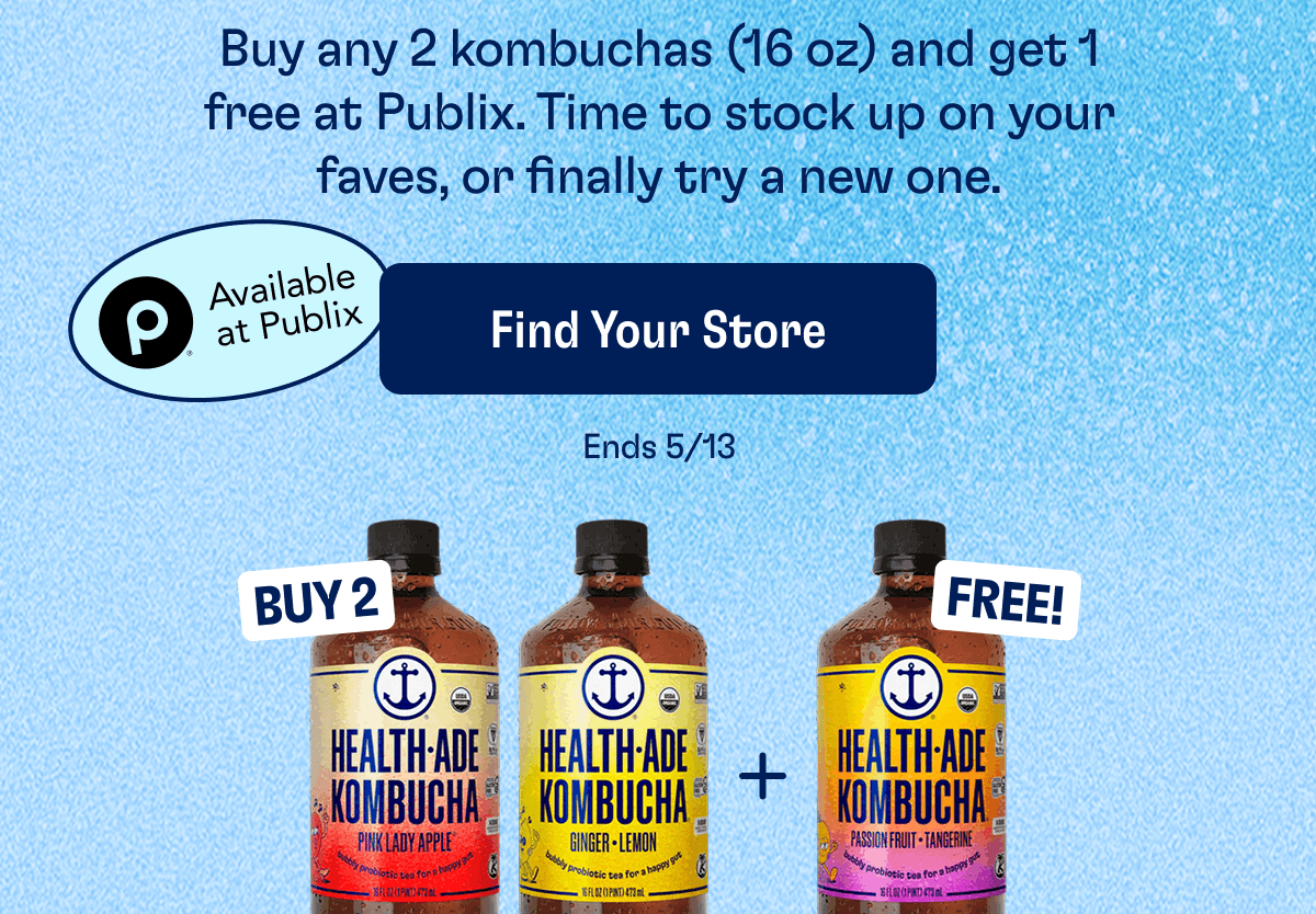 Buy any 2 kombuchas (16 oz) and get 1 free at Publix. Time to stock up on your faves, or finally try a new one. | Available at Publix | Find Your Store | Ends 5/13