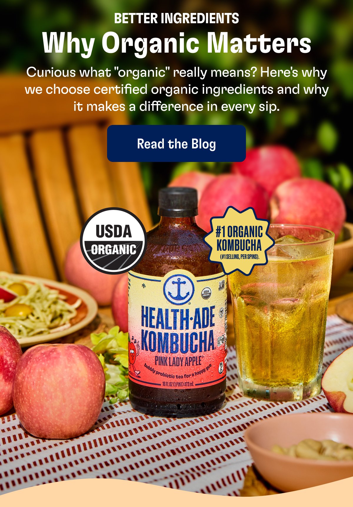 Better Ingredients Why Organic Matters Curious what "organic" really means? Here's why we choose certified organic ingredients and why it makes a difference in every sip. Read the Blog #1 Organic Kombucha (#1 Selling, Per Spins).