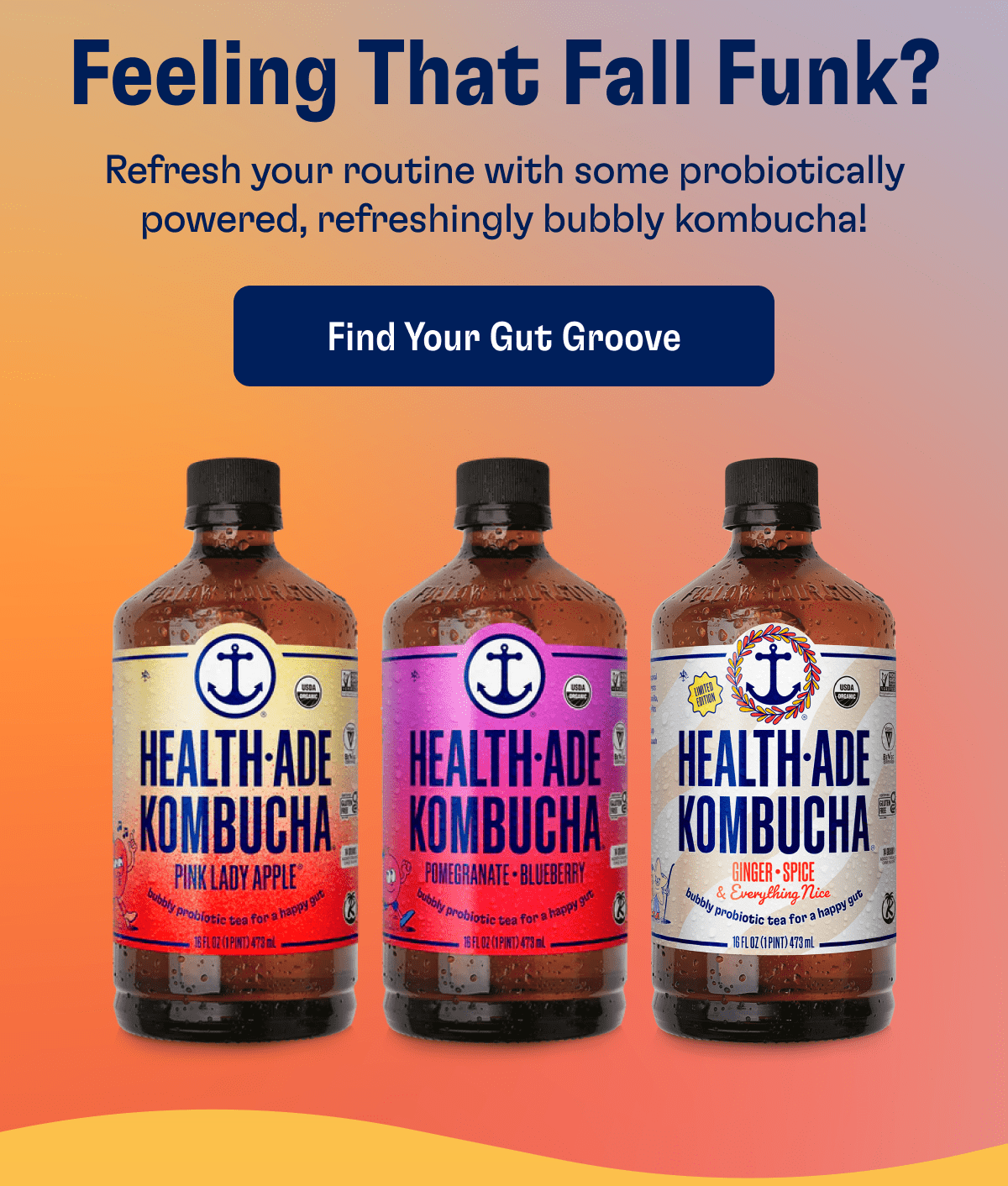 Feeling That Fall Funk? | Refresh your routine with some probiotically powered, refreshingly bubbly kombucha! | Find Your Gut Groove