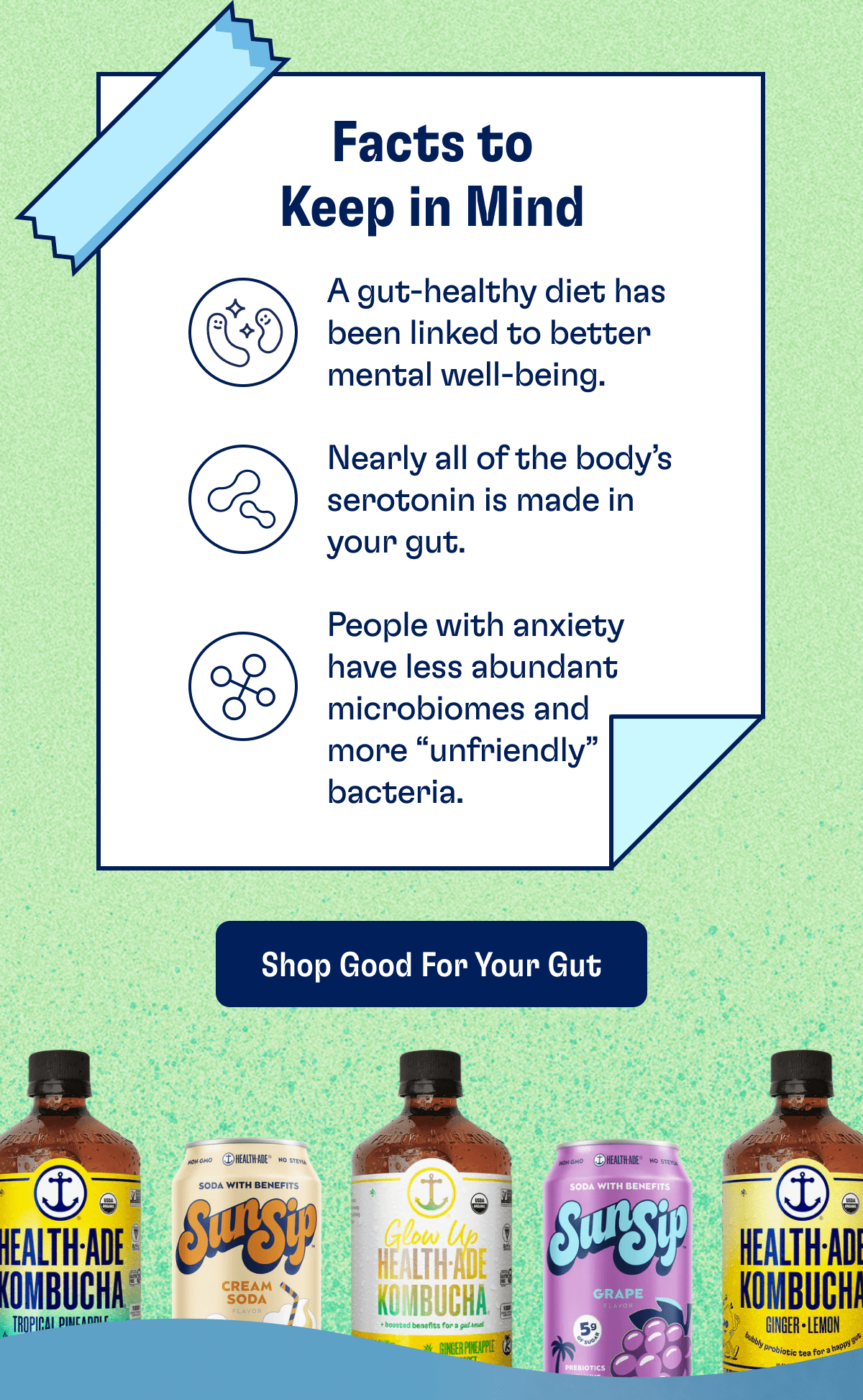 Facts to Keep in Mind | A gut-healthy diet has been linked to better mental well-being., Nearly all of the body’s serotonin is made in your gut., People with anxiety have less abundant microbiomes and more “unfriendly” bacteria. | Shop Good For Your Gut