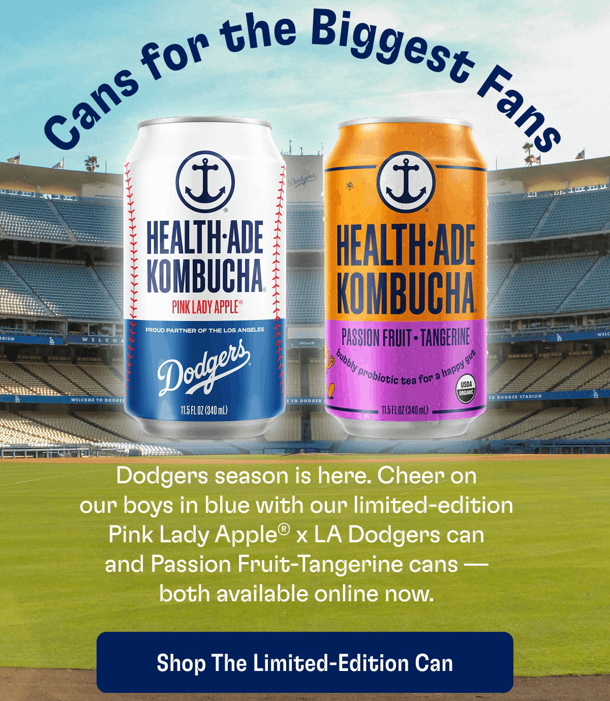 Cans for the Biggest Fans | Dodgers season is here. Cheer on our boys in blue with our limited-edition Pink Lady Apple® x LA Dodgers can and Passion Fruit-Tangerine cans — both available online now. | Shop the Limited-Edition Can