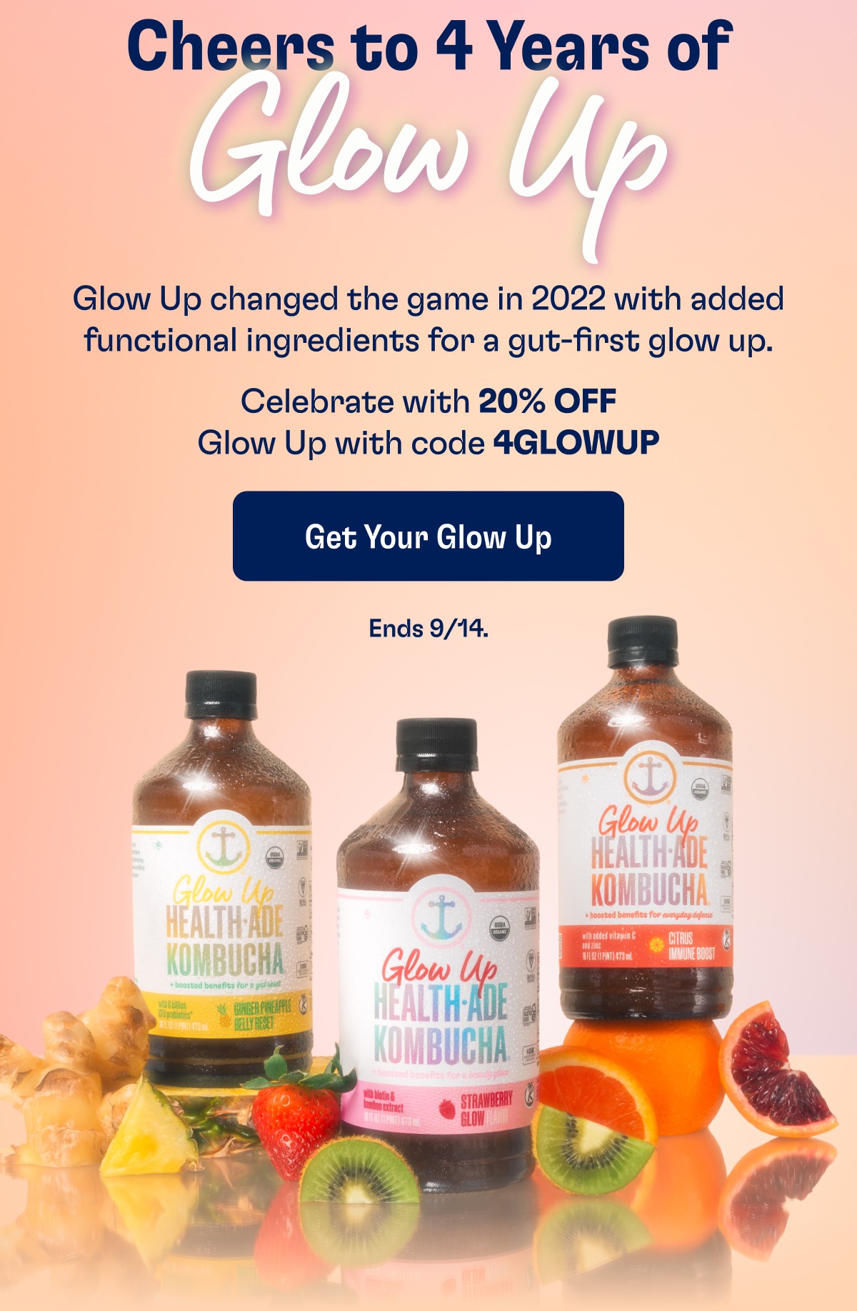 Cheers to 4 Years of Glow Up changed the game in 2022 with added functional ingredients for a gut-first glow up. Celebrate with 20% OFF Glow Up with code 4GLOWUP Get Your Glow Up Ends 9/14.
