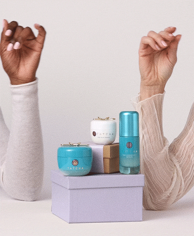 A gif of a selection of Tatcha formulas on top of a gift box