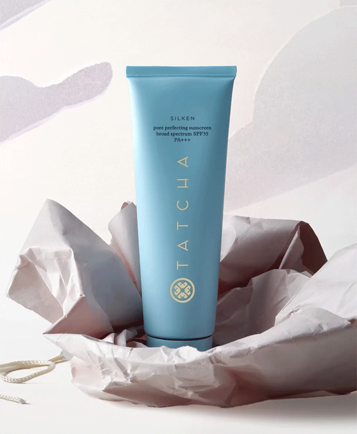 A gif of The Silken Sunscreen by Tatcha with an animated bird flying across the screen