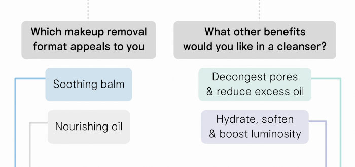 LEFT: Which makeup removal format appeals to you? Nourishing oil? - go to The Camellia Cleansing Balm. Soothing balm? - go to The Indigo Cleansing Balm. RIGHT: What other benefits would you like in a cleanser? Hydrate, soften & boost luminosity? - go to The Rice Wash. Decongest pores & reduce excess oil? - go to The Matcha Cleanse
