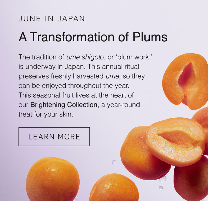 The tradition of ume shigoto, or ‘plum work,’ is underway in Japan. This annual ritual preserves freshly harvested ume, so they can be enjoyed throughout the year. This seasonal fruit lives at the heart of our Brightening Collection, a year-round treat for your skin.