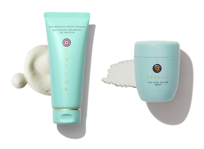 An image of the new Tatcha Matcha Foam Cleanse and the Rice Polish: Deep.
