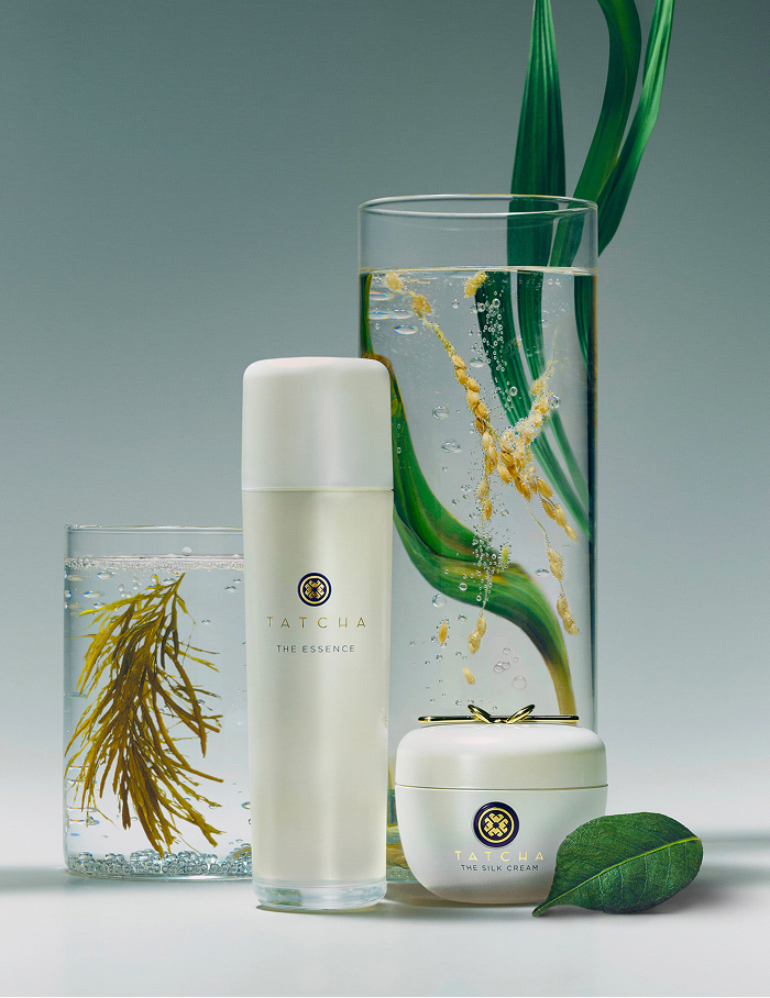 An image of Tatcha's The Essence and The Silk Cream beside Hadasei 3 ingredients, their proprietary stress-barrier complex.