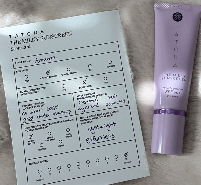 An image of a customer scorecard rating Tatcha's new formula, The Milky Sunscreen SPF 50+