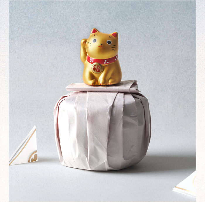 An image of a Gold Lucky Cat on top of a wrapped Tatcha product.