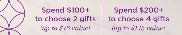 Spend $100+ to choose 2 gifts (up to $76 value) or Spend $200+ to choose 4 gifts (up to $145 value)