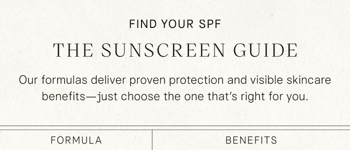Find Your SPF: The Sunscreen Guide. Our formulas deliver proven protection and visible skincare benefits—just choose the one that's right for you. 