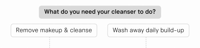 What do you need your cleanser to do? Remove makeup & cleanse - go LEFT. Wash away daily build-up - go RIGHT.