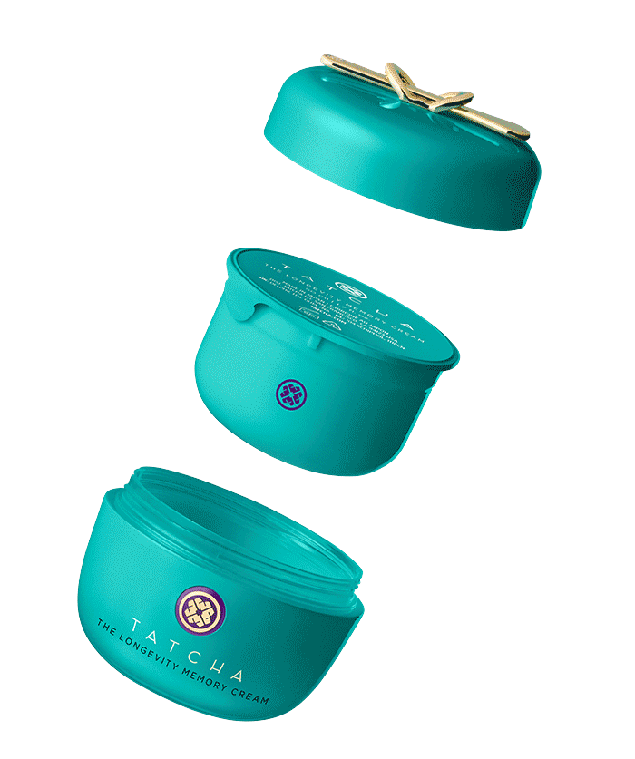 A gif of the different moisturizers and refills from Tatcha: the Dewy Skin Cream, the Water Cream, and the Longevity Memory Cream.