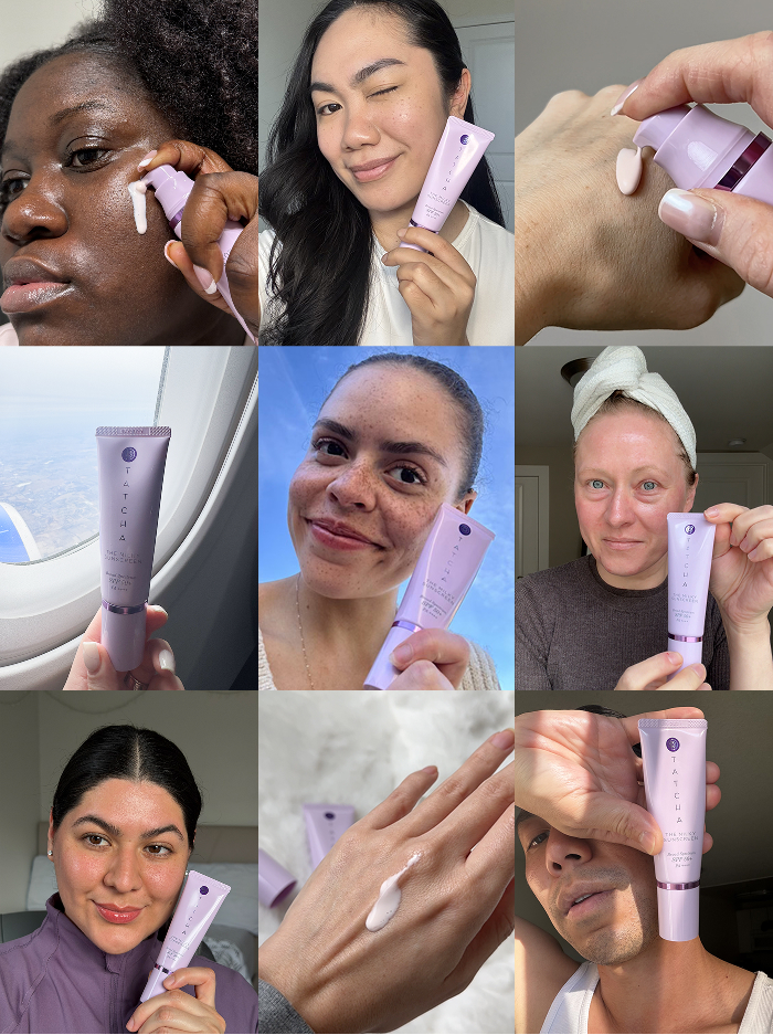 A collage image of clients using the Tatcha Milky Sunscreen SPF 50+, showcasing the product texture, product component, and different faces.