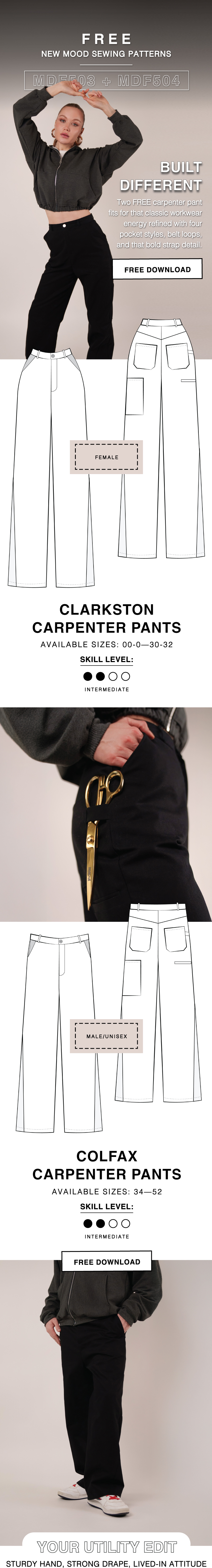 THE CLARKSTON AND COLFAX CARPENTER PANTS FREE SEWING PATTERNS